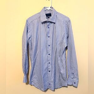 David Donahue Blue and White Grid Dress Shirt